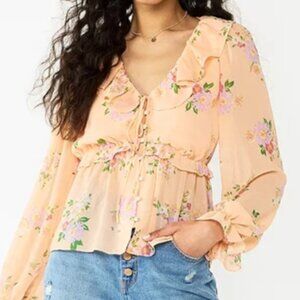 SO Peach Button Front Floral Long Sleeve Semi Sheer Top Size Small  NWT